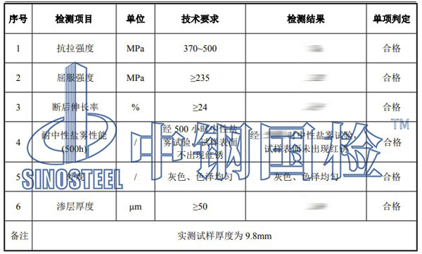 鋼板檢測項目結果